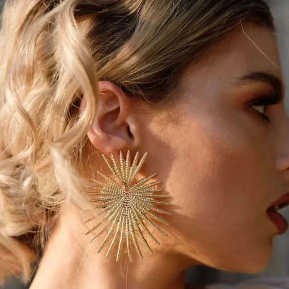 Gold Sunburst Boho Large Statement Earrings - Picture 9 of 9